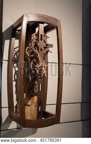 New Zealand, Wellington - January 11 2020: The View Of Hand Built Wooden Clock By Graham Christmas, 