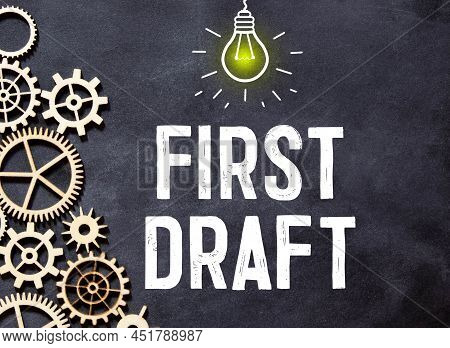 Black Notebook,pen On Red Copy Space Background , Yellow Sticky Note With Text First Draft, Refers T