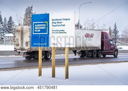 Calgary Alberta Canada, March 02 2022: The New Stoney Trail Interchange Ring Road For Alberta Highwa