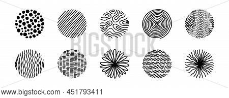 Hand Drawn Circles With Doodle Texture. Modern Abstract Set Black Round Shapes With Lines, Circles, 