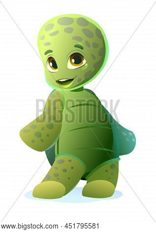 Little Turtle Doubts. Cartoon Person Stands And Smiles. Fun Style. Child Animal. Pet Kid. Isolated O