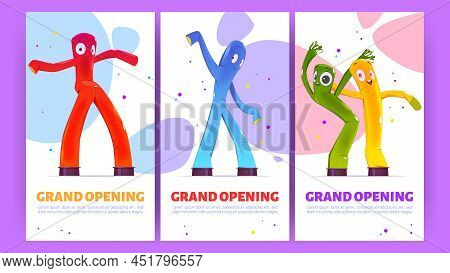 Grand Opening Promo Posters With Inflatable Figures, Dancing Colorful Men With Funny Faces, Legs And