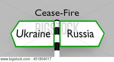 3d Illustration Of Cease-fire Script Above Two Opposite Road Signs. One Of These Road Sign Poining T