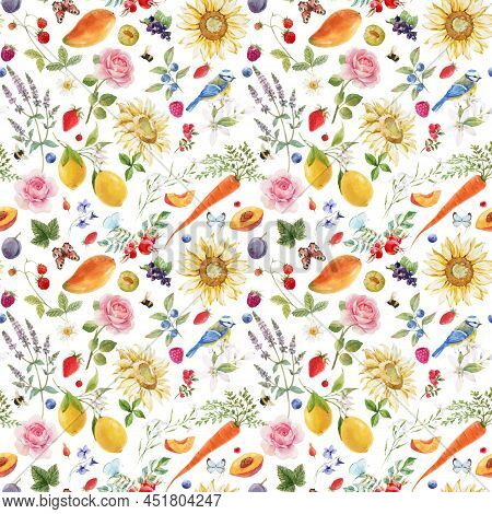 Beautiful Vector Autotraced Seamless Summer Pattern With Watercolor Flowers And Lemon Pear Orange Ma