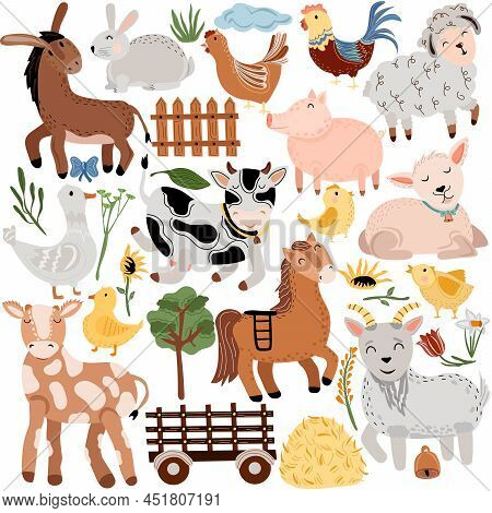 Big Set Of Farm With Animals. Pets, Goat, Donkey, Pig, Cow, Chicken, Wheelbarrow, Hay, Flowers And M