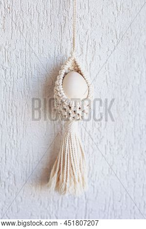 Macrame Flower Accessory. Easter Time. Spring Easter Walhanging Decor On Wooden Stick.