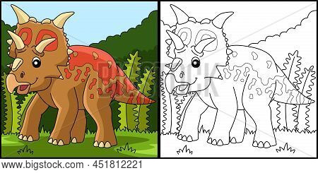 This Coloring Page Shows A Xenoceratops Dinosaur. One Side Of This Illustration Is Colored And Serve
