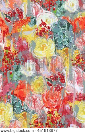 Seamless Pattern. Rose Flowers In Bright Multi-colored Tons.