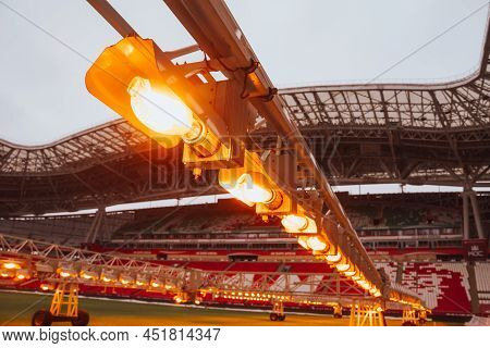 Kazan, Russia. 2022 March 28. Assimilation Lighting In Soccer Stadium. Lighting Assimilation Off Gra