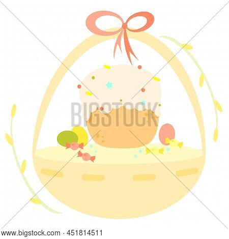 Basket With Easter Cake And Eggs. Willow. Easter.