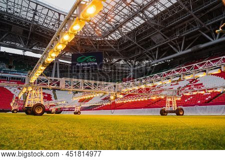 Kazan, Russia. 2022 March 28. Assimilation Lighting In Soccer Stadium. Lighting Assimilation Off Gra