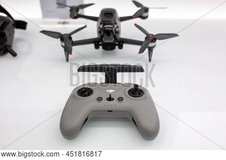 Drone Remote Control On Display In Dji Store. Dji Is A Chinese Technology Company Known As A Manufac