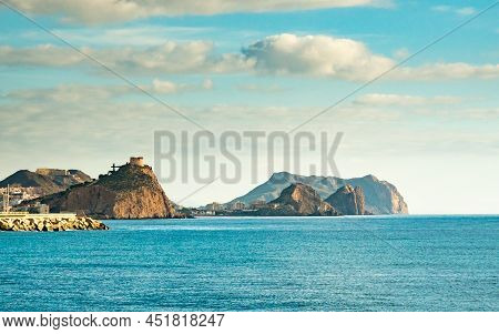 Spanish Coastal Landscpae With Castle San Juan On Cliff, Aguilas, Murcia Region, Spain.