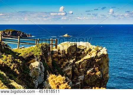 Seascape Of Atlantic Ocean And Asturias Rocky Coast At Cape Penas. Sea Shore With High Cliffs In Nor