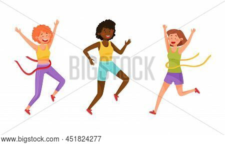 Running People Set. Female Athletes Crossing Finish Line. Girls Taking Part In Sports Competition Ca