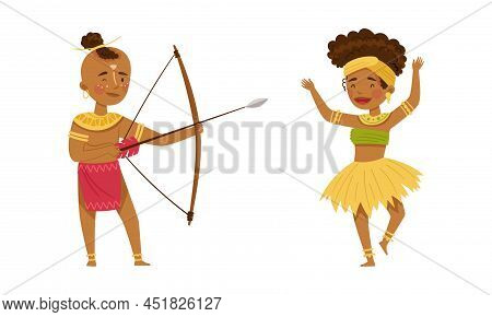 Native American Indians Set. Man And Woman Native Americans In Traditional Clothes Dancing And Shoot