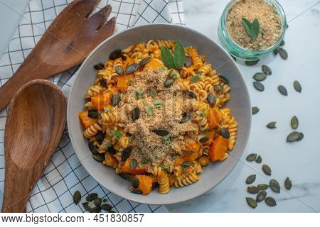 Pasta Alla Zucca, Healthy Home Made Pumpkin Pasta On A Table