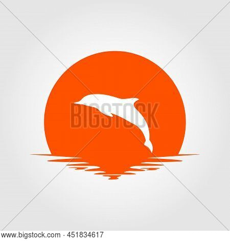 Dolphin With Sunset Background Logo Vector Design.