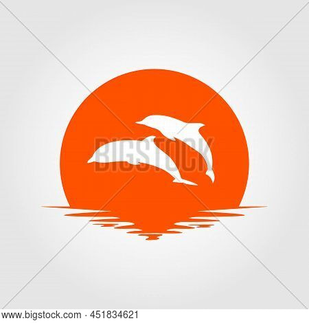 Dolphin Sunset Bay Beach Sea Logo Vector Icon Template Illustration