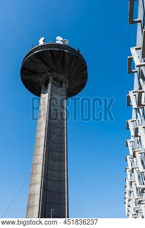 Schaerbeek, Brussels Capital Region, Belgium - 03 26 2022 - Low Angle View Of The Antenna Broadcasti