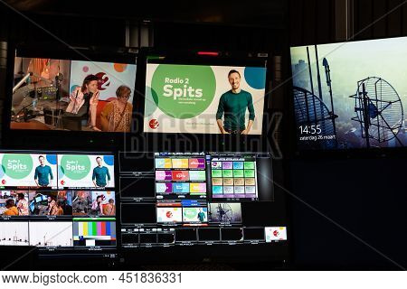 Schaerbeek, Brussels Capital Region, Belgium - 03 26 2022 - Screens In The Control Room Of The Flemi