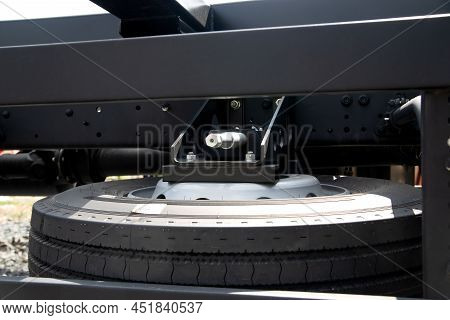 Heavy Duty Truck Tires Closeup Photo. Semi Truck Wheels.
