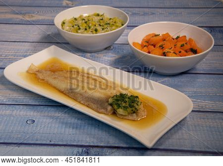 Recipe Sole Meuniere, Lemon Carrot Whistle And Leek Fondue. High Quality Photo