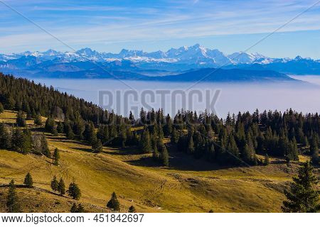 On The Sentes De La Dole From La Rippe, Jura Mountains, Switzerland, In Autumn, High Quality Photo