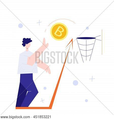 Man Play Basketball With Bitcoin Wallet Illustration. Payment Method With Digital Money, Cryptocurre