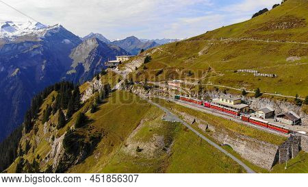 Popular Mountain In The Swiss Alps Called Schynige Platte In Switzerland - Aerial View