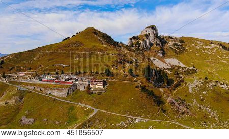 Popular Tourist Hotspot In The Swiss Alps Called Schynige Platte Mountain - Aerial View