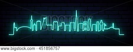 Blue Neon Skyline Of Jeddah. Bright Jeddah City Long Banner. Vector Illustration.