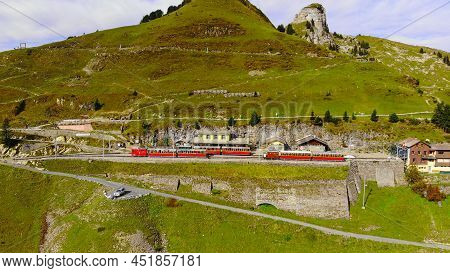 Popular Tourist Hotspot In The Swiss Alps Called Schynige Platte Mountain - Aerial View