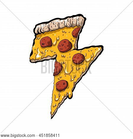 Thunder Cheesy Pizza Slice Sticker Vector Illustration Isolated On White Background