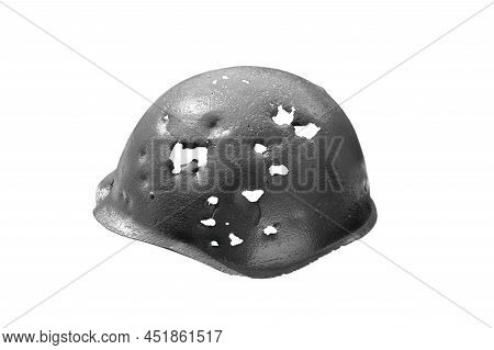 Military Helmet Pierced By Bullets And Shrapnel Isolated On White Background, For Military-themed Pr