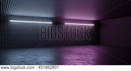 Abstract Conrete Basement Hall With Metallic Walls With Neon Lighting And Reflections 3d Render Illu