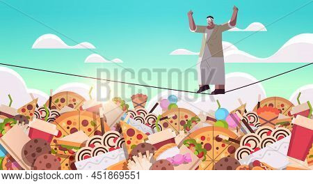 Senior Woman Balancing On Rope Above Junk Food Assortment Of Fast Food Unhealthy Nutrition Junkfood 