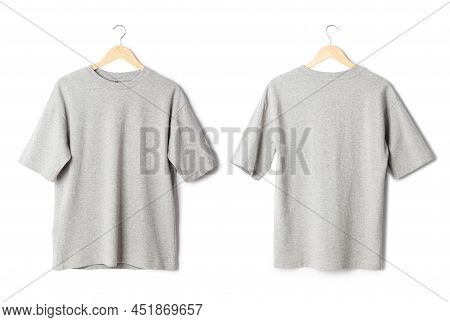 Gray Oversize T Shirt Mockup Hanging Isolated On White Background With Clipping Path.