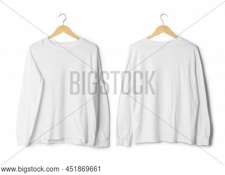 Realistic Long Sleeve T Shirt Mockup Hanging Front And Back View Isolated On White Background With C