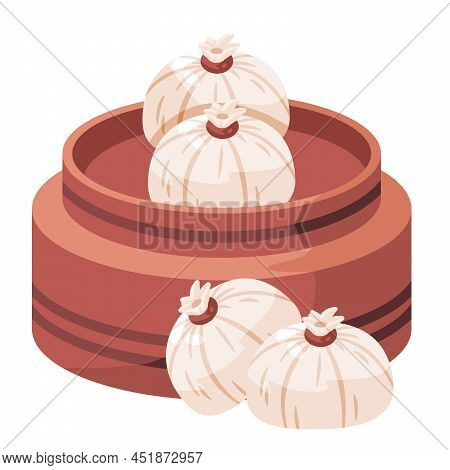 Dumpling Bao Dim Sum Stuffed Traditional Chinese Asian Bun Bread Food Drawing Illustration