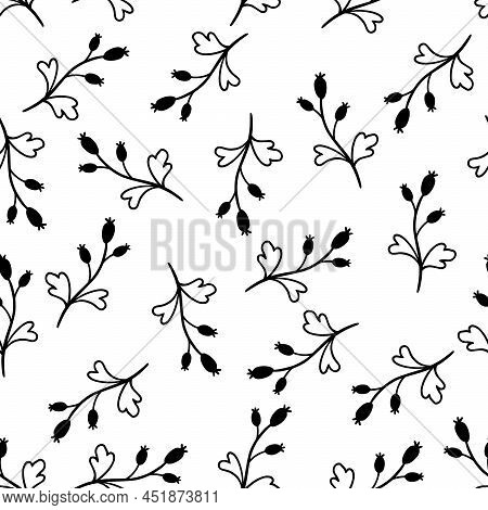Hand Drawn Leaf Seamless Pattern. Doodle Simple Froral Style. Leaf Background Vector Illustration