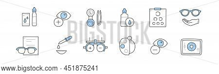 Set Of Optometry, Eye Check, Health Care Doodle Icons. Medical Sight Test, Laser Surgery, Glasses, S