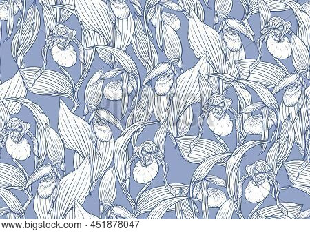 Ladys Slipper Orchid. Cypripedioideae. Seamless Pattern, Background. Vector Illustration. In Botanic