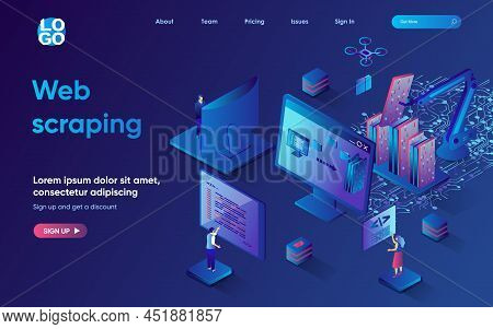 Web Scraping Concept 3d Isometric Web Landing Page. People Use Services To Automatic Collect And Ana