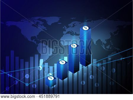 Business Arrow And Stick Graph On World Map Background. Chart Of Global Marketing Investment Trend V