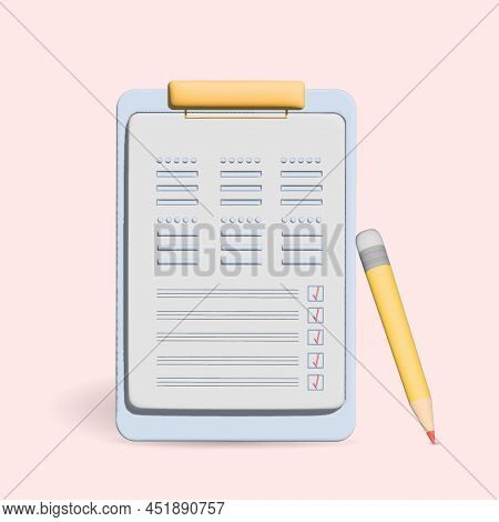 Сlipboard With Checklist And Pencil. Document In Test Form With Check Marks.