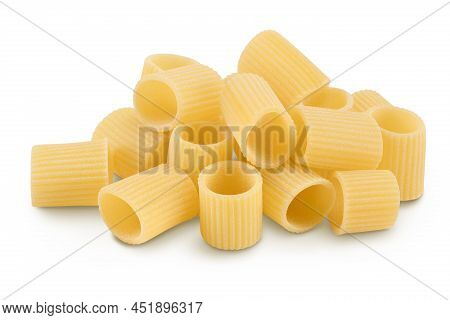 Raw Italian Pasta In Wooden Bowl Isolated On White Background With Clipping Path . Mezze Maniche Rig