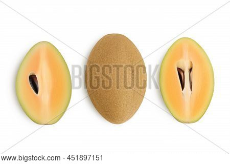 Sapodilla Isolated On White Background With Clipping Path And Full Depth Of Field. Top View. Flat La