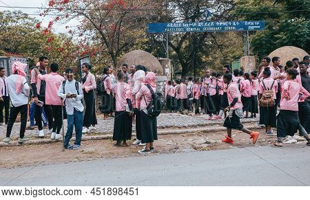 Gondar, Ethiopia, April 22.2019, Ethiopian Students In Uniform Behind Fasiledes Secondary School In 