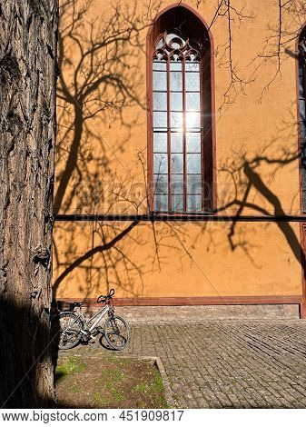 The Bike Stands Against The Wall With Shadows From The Branches Of The Tree